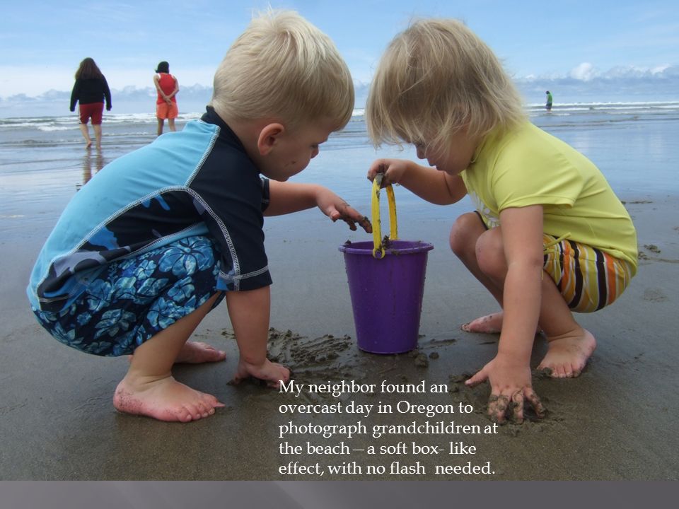 My neighbor found an overcast day in Oregon to photograph grandchildren at the beach—a soft box- like effect, with no flash needed.