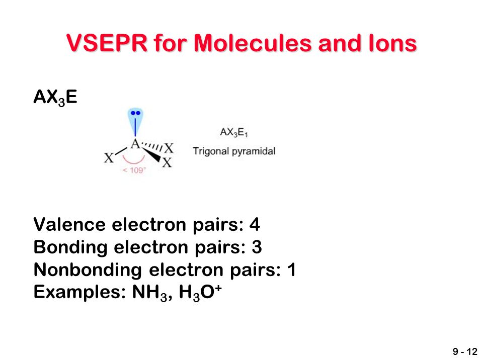 VSEPR for Molecules and Ions AX 3 E Valence electron pairs: 4 Bonding electron pairs: 3 Nonbonding electron pairs: 1 Examples: NH 3, H 3 O +