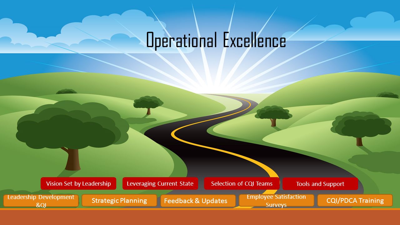 Leadership Development &QI Operational Excellence Strategic Planning Employee Satisfaction Surveys CQI/PDCA Training Feedback & Updates Vision Set by LeadershipSelection of CQI Teams Tools and Support Leveraging Current State