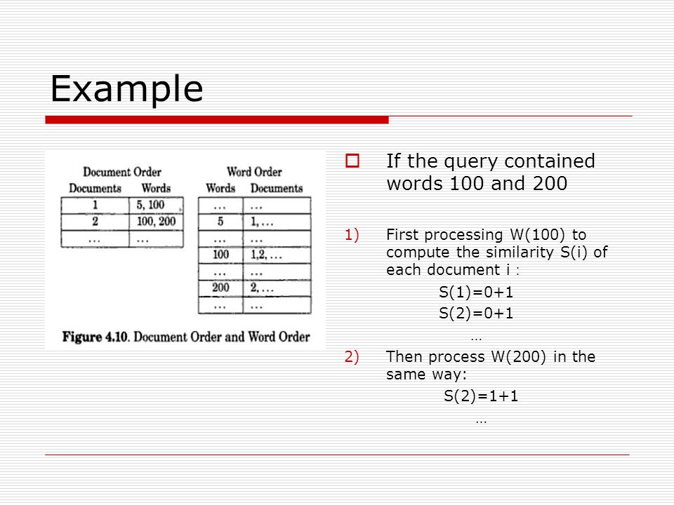 Example  If the query contained words 100 and 200 1)First processing W(100) to compute the similarity S(i) of each document i ： S(1)=0+1 S(2)=0+1 … 2)Then process W(200) in the same way: S(2)=1+1 …