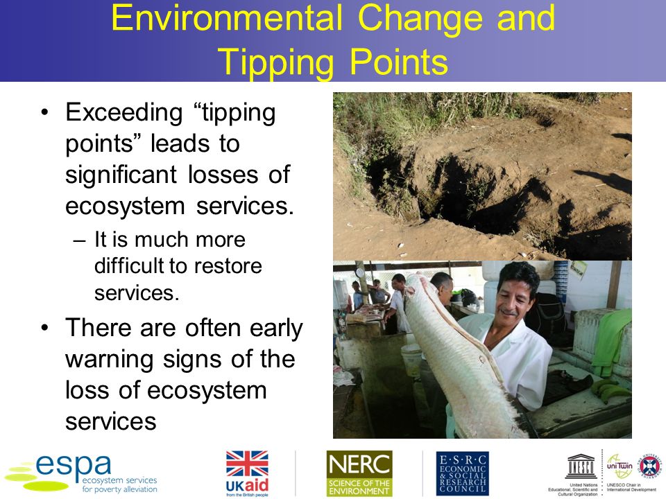 Environmental Change and Tipping Points Exceeding tipping points leads to significant losses of ecosystem services.