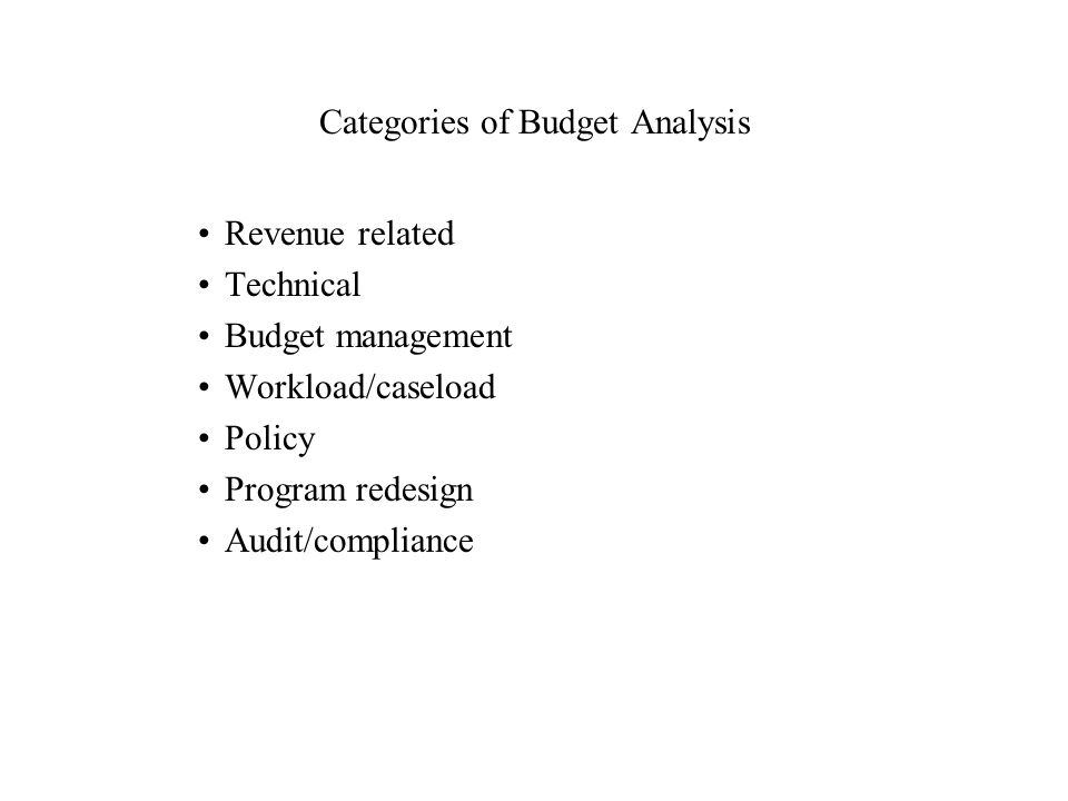 Categories of Budget Analysis Revenue related Technical Budget management Workload/caseload Policy Program redesign Audit/compliance