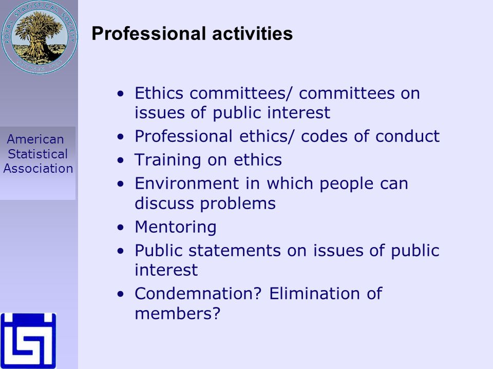 American Statistical Association Professional activities Ethics committees/ committees on issues of public interest Professional ethics/ codes of conduct Training on ethics Environment in which people can discuss problems Mentoring Public statements on issues of public interest Condemnation.