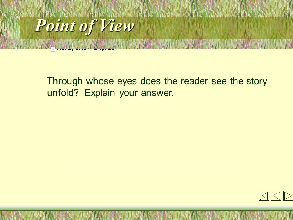 Point of View Through whose eyes does the reader see the story unfold Explain your answer.
