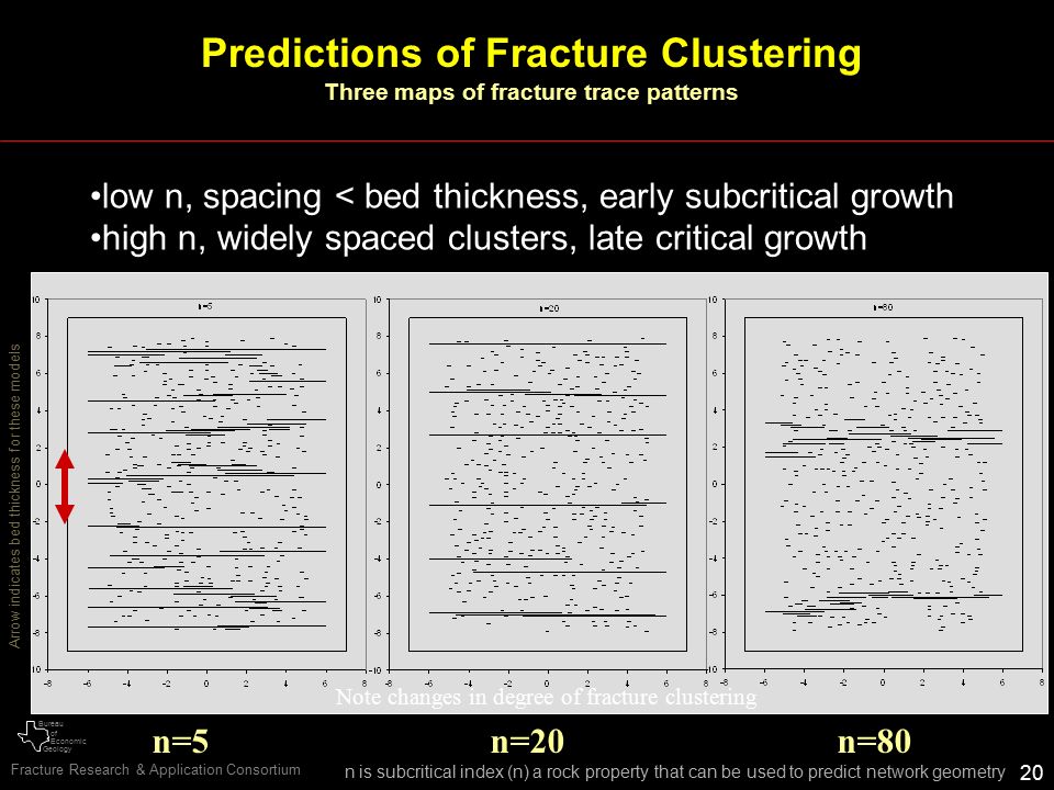 a of Bureau Economic Geology a Fracture Research & Application Consortium 20 Predictions of Fracture Clustering Three maps of fracture trace patterns n=5 n=20 n=80 low n, spacing < bed thickness, early subcritical growth high n, widely spaced clusters, late critical growth n is subcritical index (n) a rock property that can be used to predict network geometry Note changes in degree of fracture clustering Arrow indicates bed thickness for these models