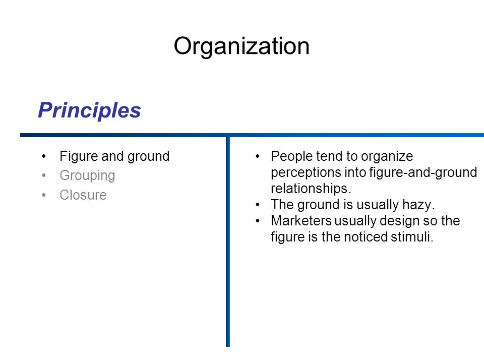 Organization Figure and ground Grouping Closure People tend to organize perceptions into figure-and-ground relationships.