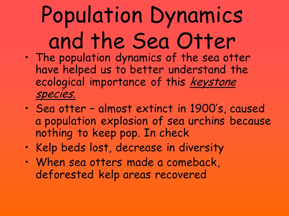 Population Dynamics and the Sea Otter The population dynamics of the sea otter have helped us to better understand the ecological importance of this keystone species.