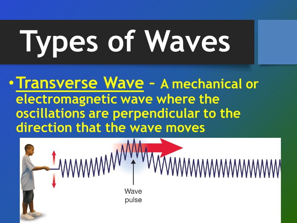 Types of Waves Transverse Wave – A mechanical or electromagnetic wave where the oscillations are perpendicular to the direction that the wave moves