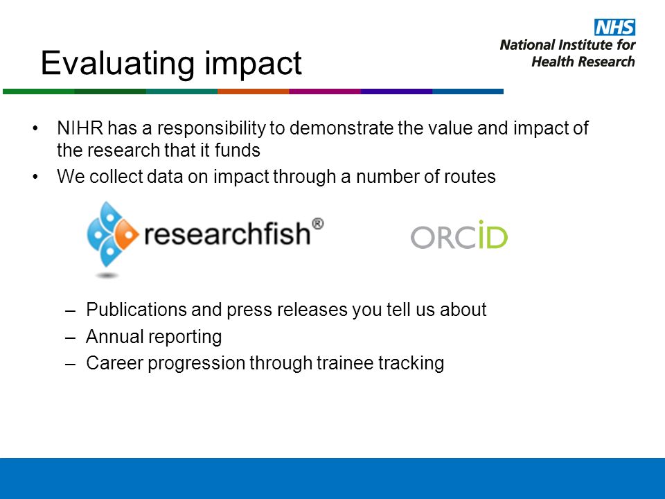 Evaluating impact NIHR has a responsibility to demonstrate the value and impact of the research that it funds We collect data on impact through a number of routes –Publications and press releases you tell us about –Annual reporting –Career progression through trainee tracking