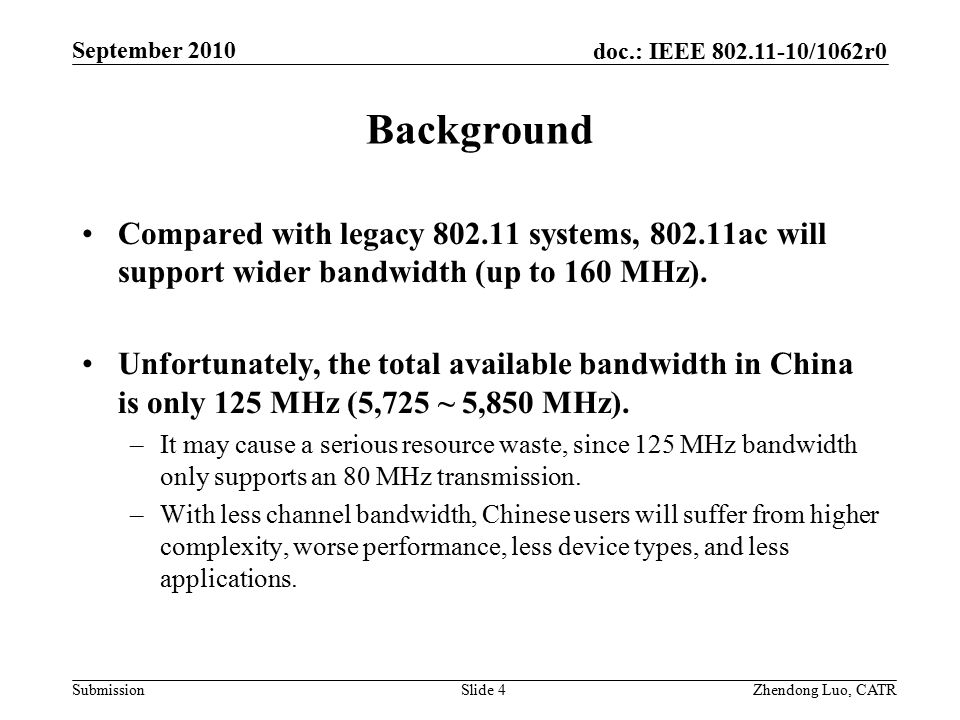 doc.: IEEE /1062r0 Submission Zhendong Luo, CATR September 2010 Background Compared with legacy systems, ac will support wider bandwidth (up to 160 MHz).