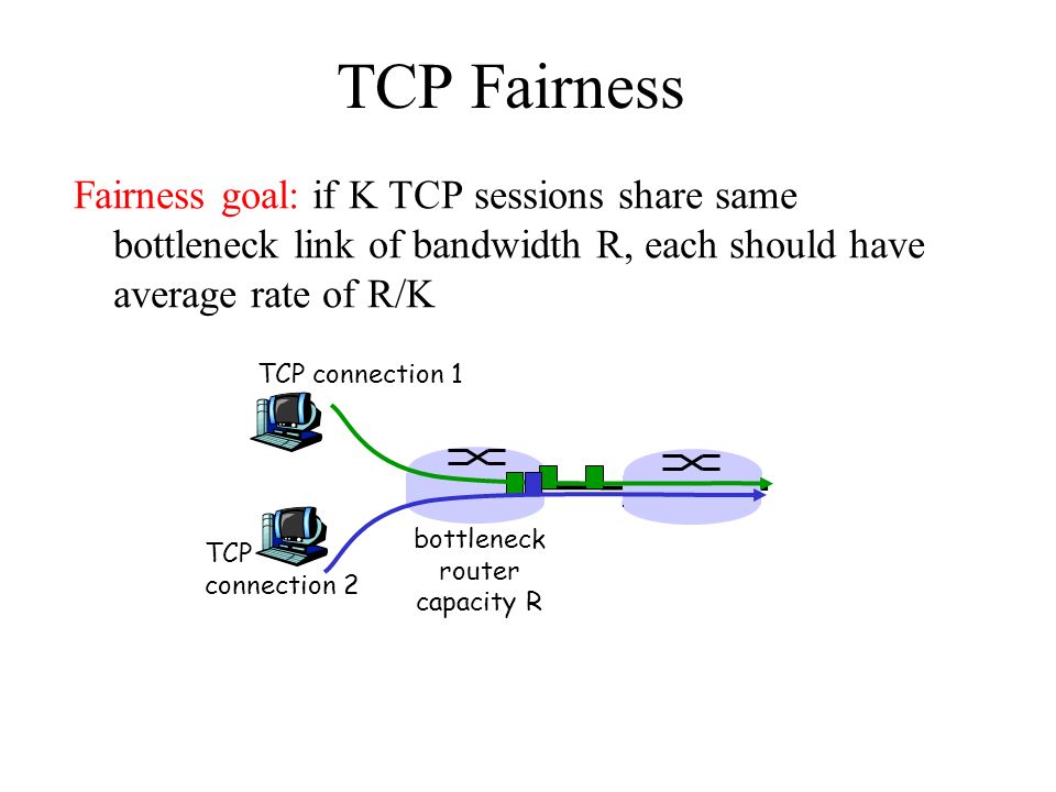 Fairness goal: if K TCP sessions share same bottleneck link of bandwidth R, each should have average rate of R/K TCP connection 1 bottleneck router capacity R TCP connection 2 TCP Fairness