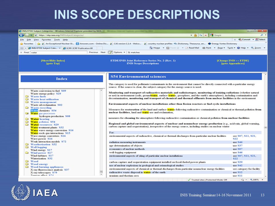IAEA INIS SCOPE DESCRIPTIONS INIS Training Seminar Novemner