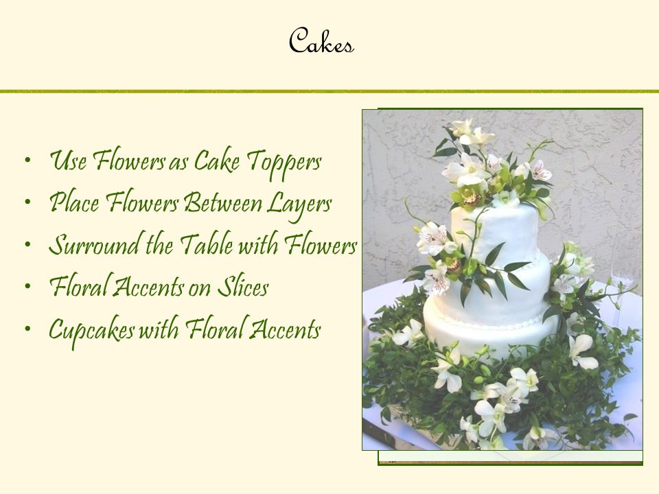 Cakes Use Flowers as Cake Toppers Place Flowers Between Layers Surround the Table with Flowers Floral Accents on Slices Cupcakes with Floral Accents