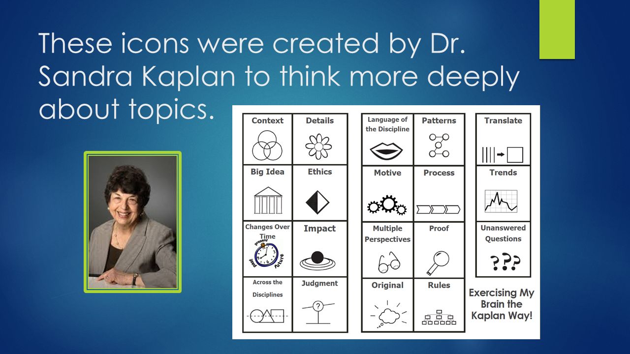 These icons were created by Dr. Sandra Kaplan to think more deeply about topics.