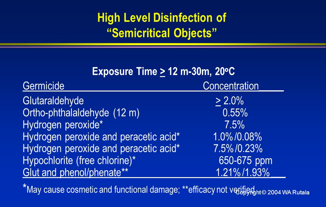 Copyright © 2004 WA Rutala High Level Disinfection of Semicritical Objects Exposure Time > 12 m-30m, 20 o C Germicide Concentration_____ Glutaraldehyde > 2.0% Ortho-phthalaldehyde (12 m) 0.55% Hydrogen peroxide* 7.5% Hydrogen peroxide and peracetic acid* 1.0%/0.08% Hydrogen peroxide and peracetic acid* 7.5%/0.23% Hypochlorite (free chlorine)* ppm Glut and phenol/phenate** 1.21%/1.93%___ * May cause cosmetic and functional damage; **efficacy not verified