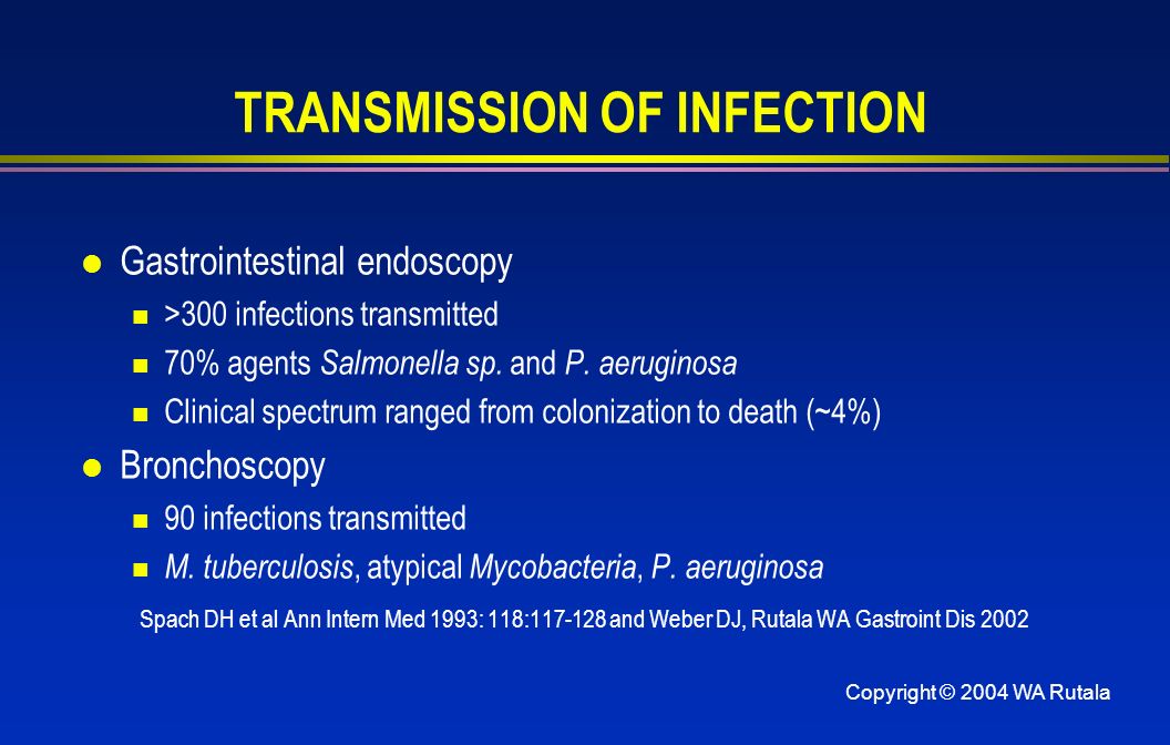 Copyright © 2004 WA Rutala TRANSMISSION OF INFECTION l Gastrointestinal endoscopy >300 infections transmitted 70% agents Salmonella sp.