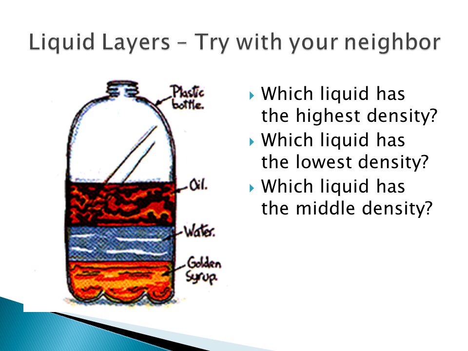  Which liquid has the highest density.  Which liquid has the lowest density.