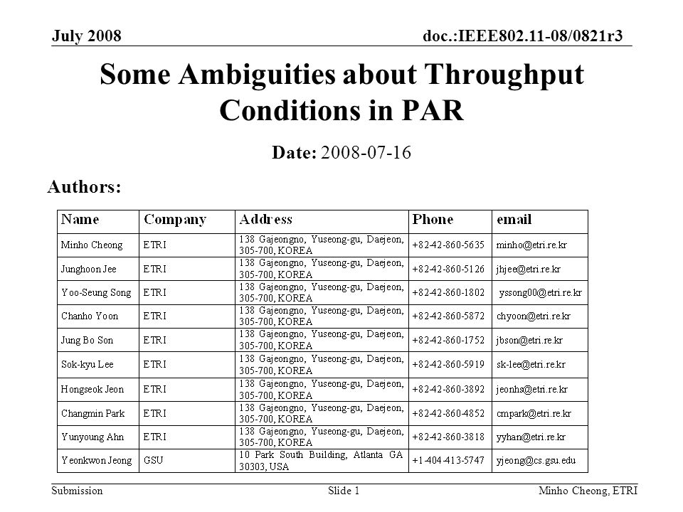 doc.:IEEE /0821r3 Submission July 2008 Minho Cheong, ETRISlide 1 Some Ambiguities about Throughput Conditions in PAR Date: Authors: