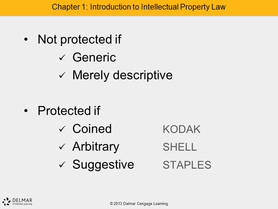 Not protected if Generic Merely descriptive Protected if Coined KODAK Arbitrary SHELL Suggestive STAPLES © 2013 Delmar Cengage Learning Chapter 1: Introduction to Intellectual Property Law
