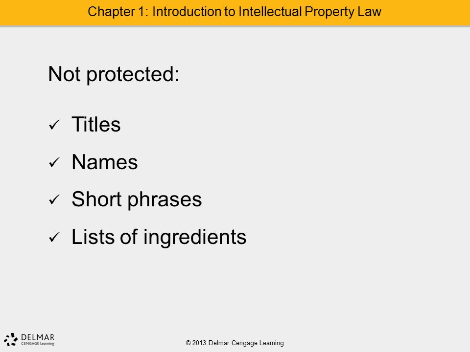 © 2013 Delmar Cengage Learning Chapter 1: Introduction to Intellectual Property Law Not protected: Titles Names Short phrases Lists of ingredients