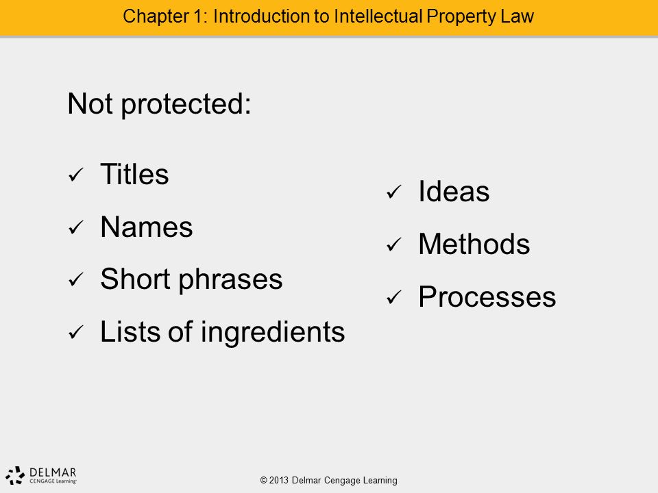 © 2013 Delmar Cengage Learning Chapter 1: Introduction to Intellectual Property Law Not protected: Titles Names Short phrases Lists of ingredients Ideas Methods Processes