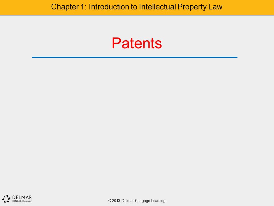© 2013 Delmar Cengage Learning Chapter 1: Introduction to Intellectual Property Law Patents