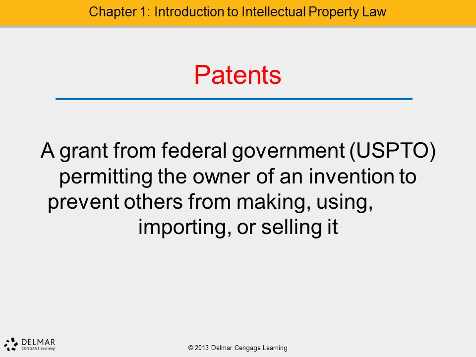 © 2013 Delmar Cengage Learning Chapter 1: Introduction to Intellectual Property Law Patents A grant from federal government (USPTO) permitting the owner of an invention to prevent others from making, using, importing, or selling it