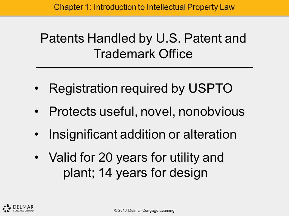 © 2013 Delmar Cengage Learning Chapter 1: Introduction to Intellectual Property Law Patents Handled by U.S.