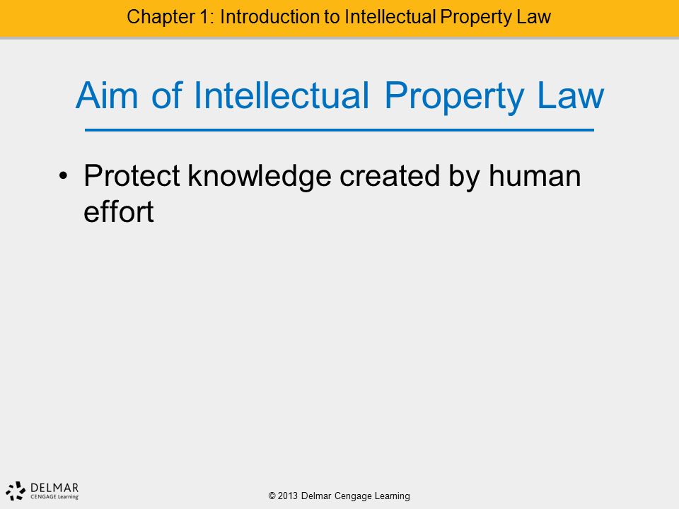 Aim of Intellectual Property Law Protect knowledge created by human effort © 2013 Delmar Cengage Learning Chapter 1: Introduction to Intellectual Property Law