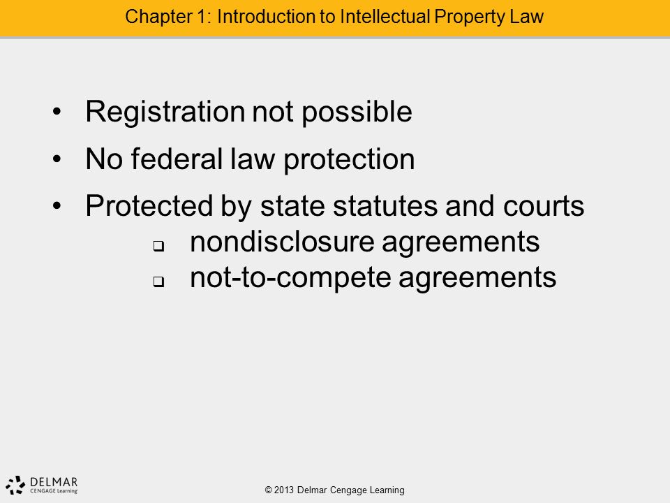 © 2013 Delmar Cengage Learning Chapter 1: Introduction to Intellectual Property Law Registration not possible No federal law protection Protected by state statutes and courts  nondisclosure agreements  not-to-compete agreements