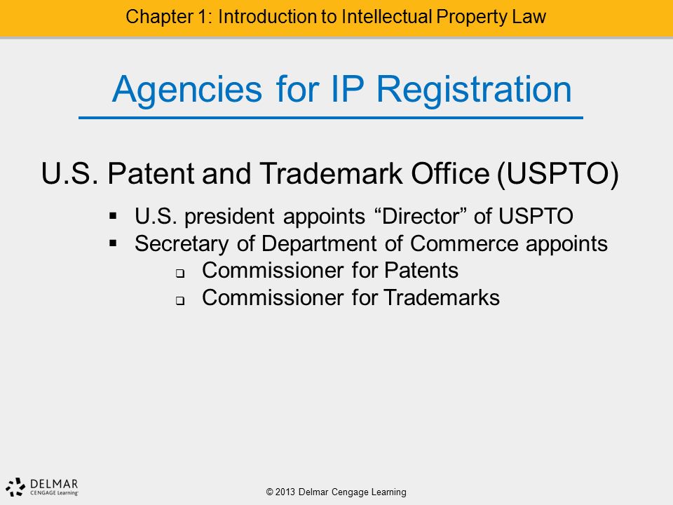 © 2013 Delmar Cengage Learning Chapter 1: Introduction to Intellectual Property Law Agencies for IP Registration U.S.