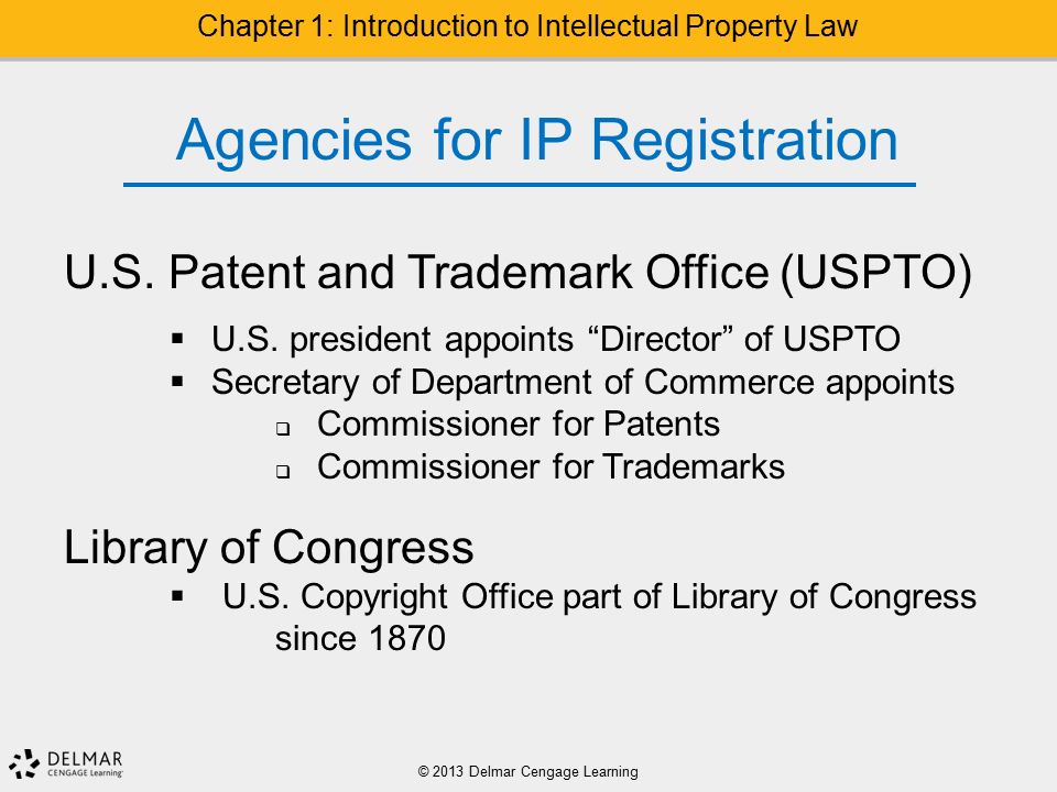 © 2013 Delmar Cengage Learning Chapter 1: Introduction to Intellectual Property Law Agencies for IP Registration U.S.