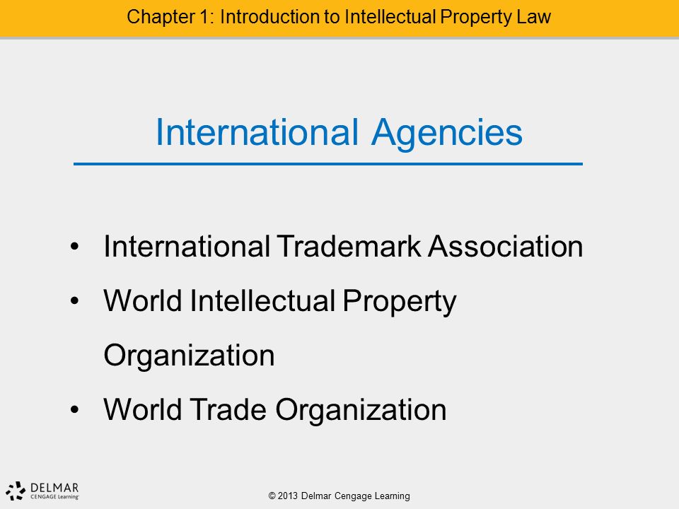© 2013 Delmar Cengage Learning Chapter 1: Introduction to Intellectual Property Law International Agencies International Trademark Association World Intellectual Property Organization World Trade Organization