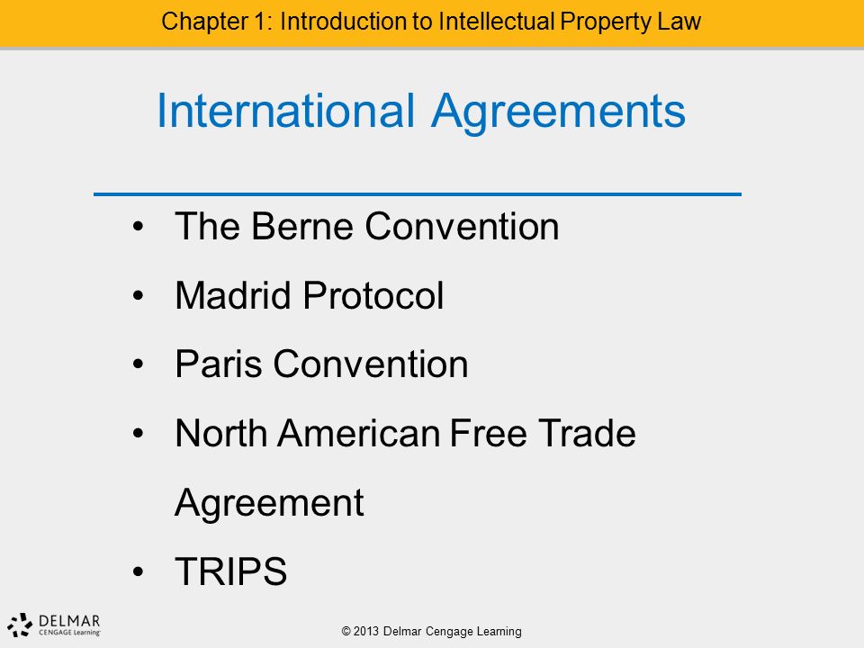 © 2013 Delmar Cengage Learning Chapter 1: Introduction to Intellectual Property Law International Agreements The Berne Convention Madrid Protocol Paris Convention North American Free Trade Agreement TRIPS