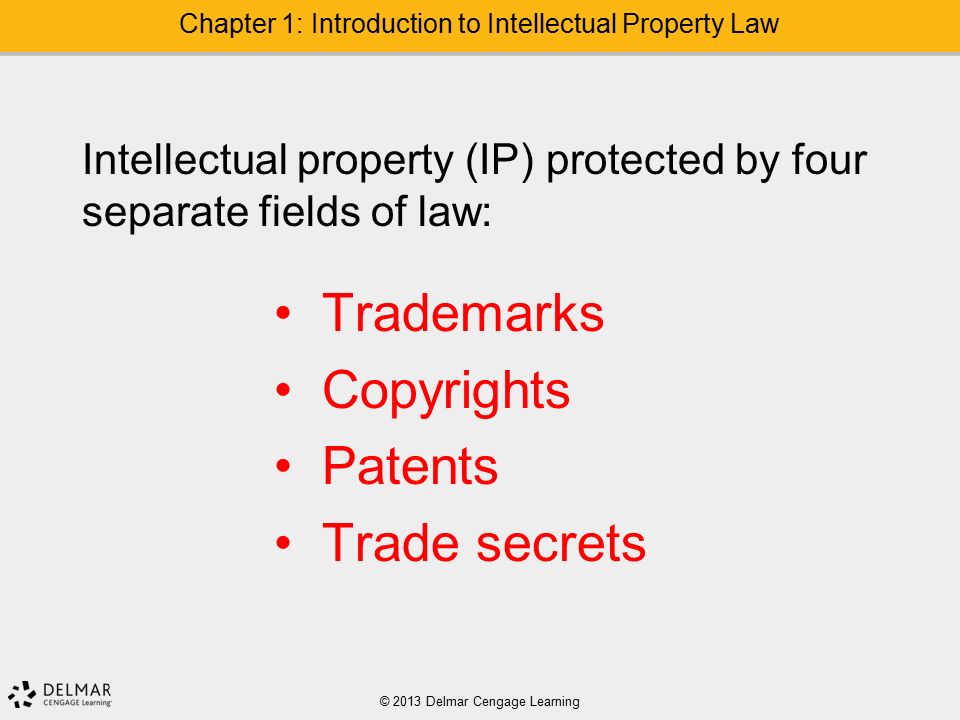 Intellectual property (IP) protected by four separate fields of law: Trademarks Copyrights Patents Trade secrets © 2013 Delmar Cengage Learning Chapter 1: Introduction to Intellectual Property Law