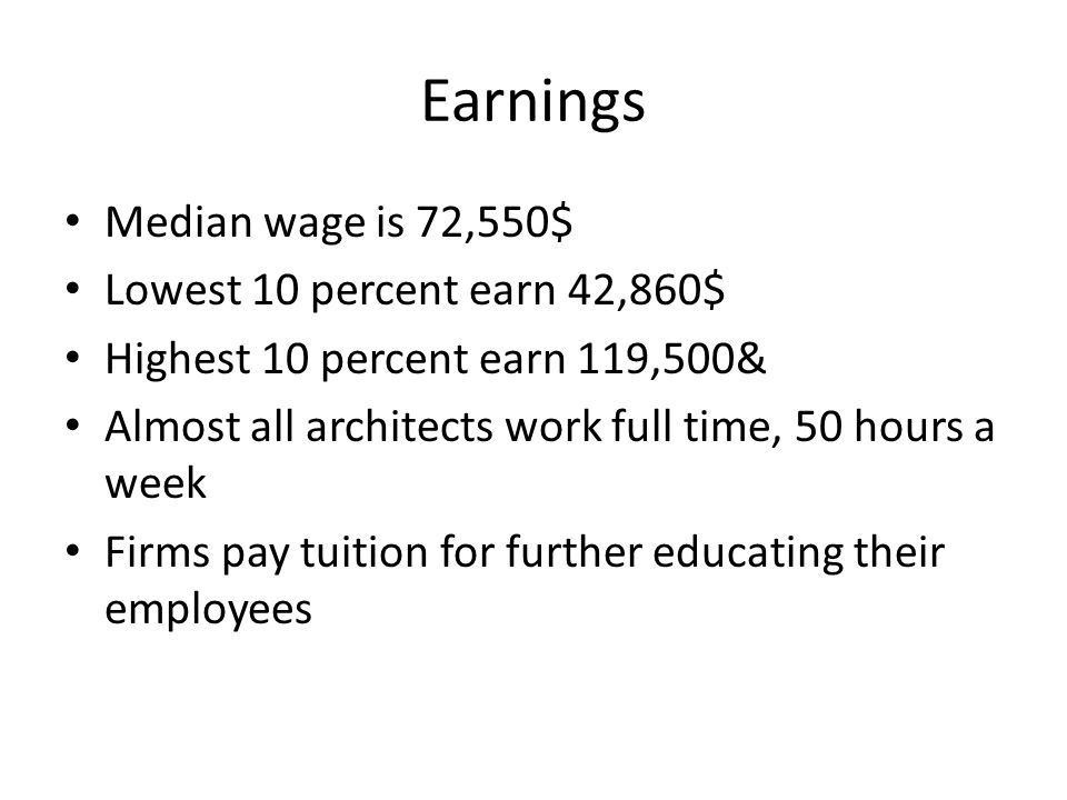 Earnings Median wage is 72,550$ Lowest 10 percent earn 42,860$ Highest 10 percent earn 119,500& Almost all architects work full time, 50 hours a week Firms pay tuition for further educating their employees