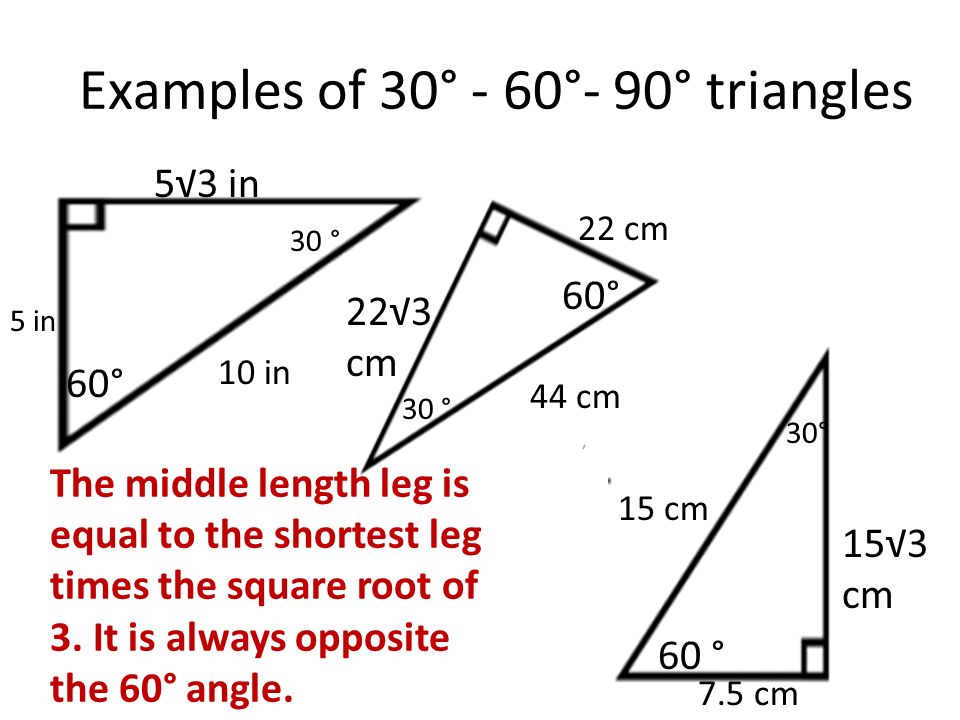 Examples of 30° - 60°- 90° triangles 60° 30 ° 60° 30° 60 ° 10 in 5 in 44 cm 22 cm 15 cm 7.5 cm The middle length leg is equal to the shortest leg times the square root of 3.