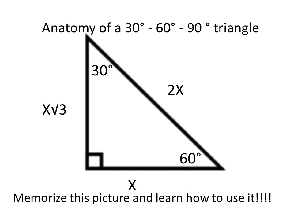 X√3 X 2X 30° 60° Anatomy of a 30° - 60° - 90 ° triangle Memorize this picture and learn how to use it!!!!