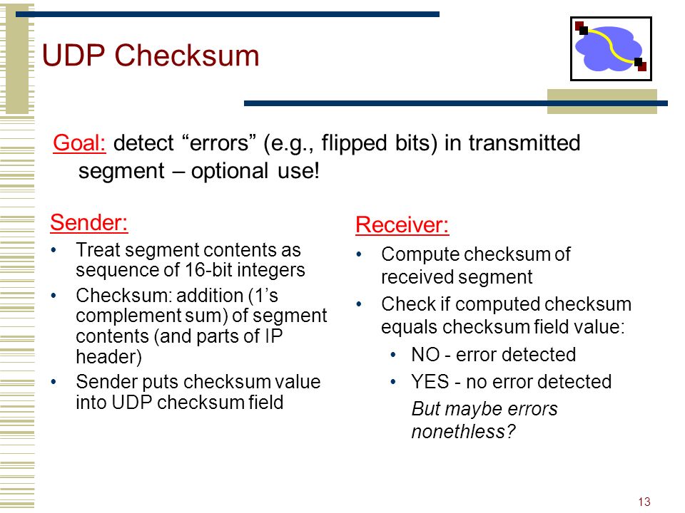13 UDP Checksum Sender: Treat segment contents as sequence of 16-bit integers Checksum: addition (1’s complement sum) of segment contents (and parts of IP header) Sender puts checksum value into UDP checksum field Receiver: Compute checksum of received segment Check if computed checksum equals checksum field value: NO - error detected YES - no error detected But maybe errors nonethless.