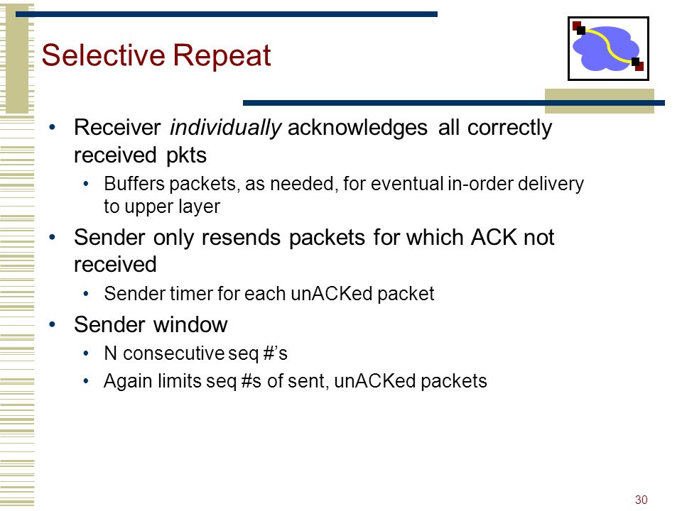 30 Selective Repeat Receiver individually acknowledges all correctly received pkts Buffers packets, as needed, for eventual in-order delivery to upper layer Sender only resends packets for which ACK not received Sender timer for each unACKed packet Sender window N consecutive seq #’s Again limits seq #s of sent, unACKed packets