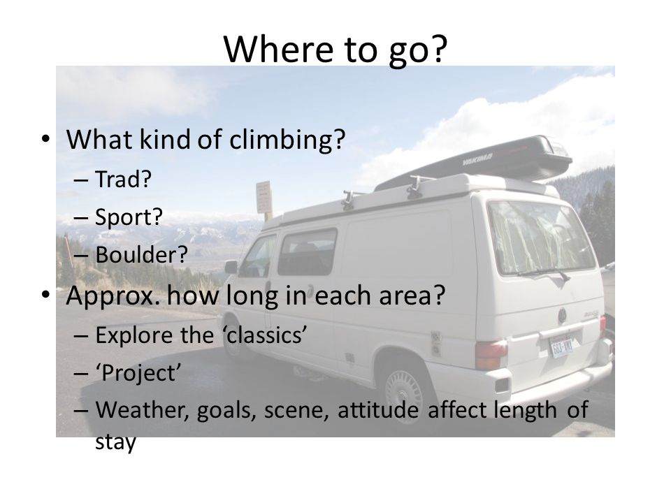 Where to go. What kind of climbing. – Trad. – Sport.
