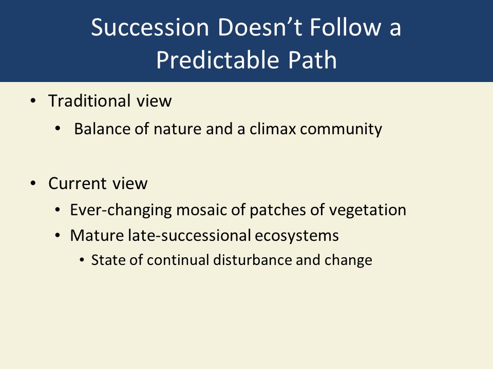 Succession Doesn’t Follow a Predictable Path Traditional view Balance of nature and a climax community Current view Ever-changing mosaic of patches of vegetation Mature late-successional ecosystems State of continual disturbance and change