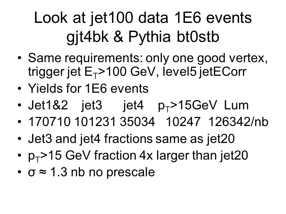 Look at jet100 data 1E6 events gjt4bk & Pythia bt0stb Same requirements: only one good vertex, trigger jet E T >100 GeV, level5 jetECorr Yields for 1E6 events Jet1&2 jet3 jet4 p T >15GeV Lum /nb Jet3 and jet4 fractions same as jet20 p T >15 GeV fraction 4x larger than jet20 σ ≈ 1.3 nb no prescale