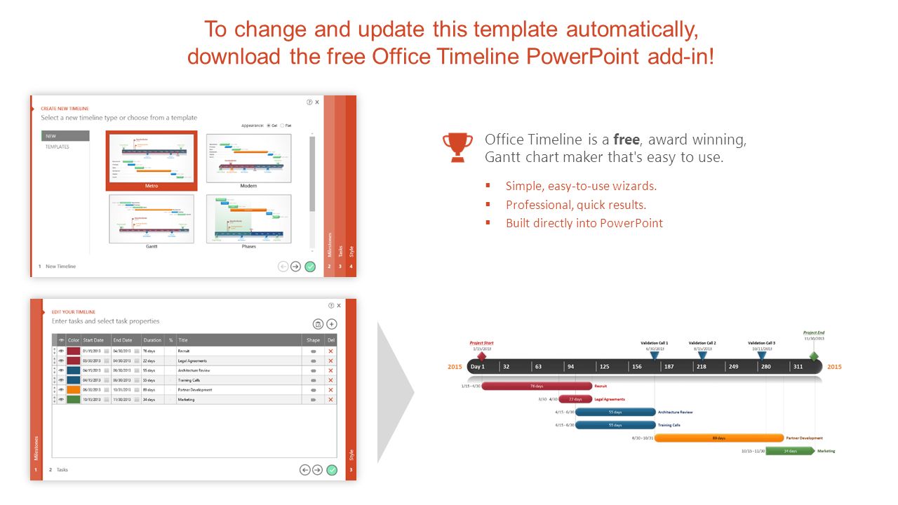 To change and update this template automatically, download the free Office Timeline PowerPoint add-in.