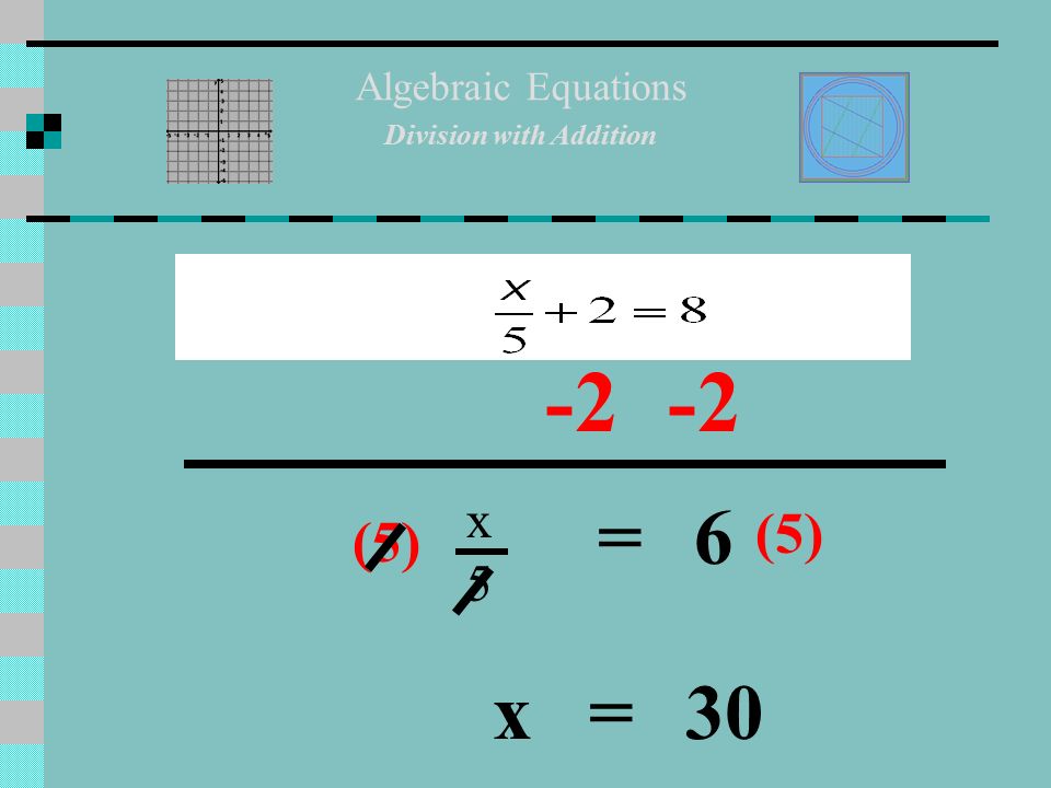 Algebraic Equations Multiplication with Addition -2 x=6 x=18/2 = (HINT) Reciprocal