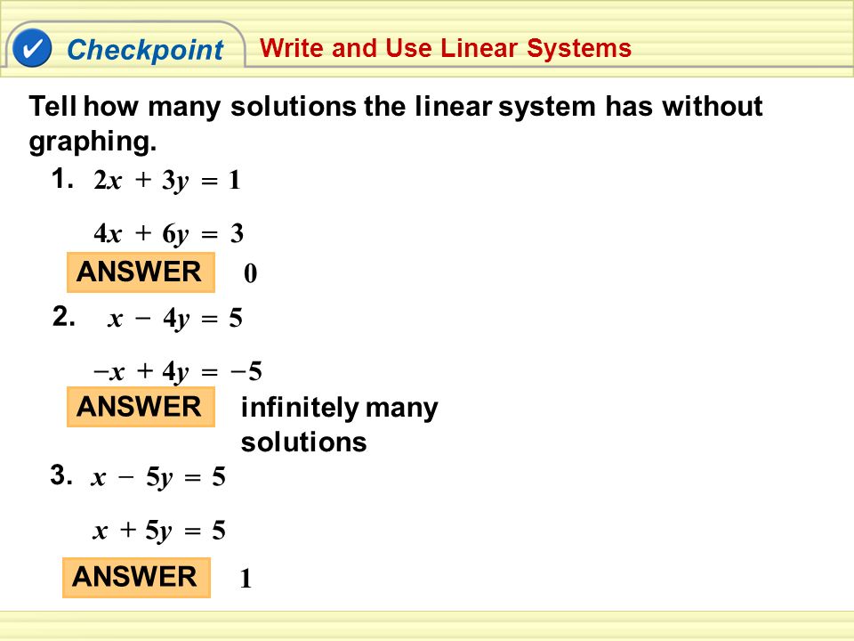 Tell how many solutions the linear system has without graphing.