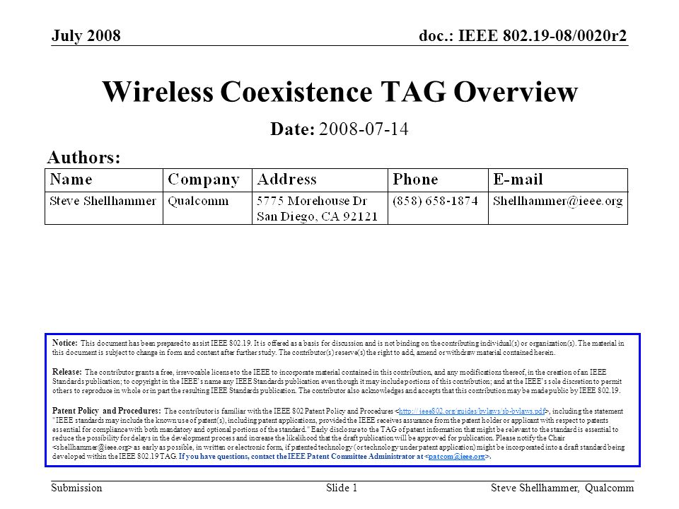 doc.: IEEE /0020r2 Submission July 2008 Steve Shellhammer, QualcommSlide 1 Wireless Coexistence TAG Overview Notice: This document has been prepared to assist IEEE