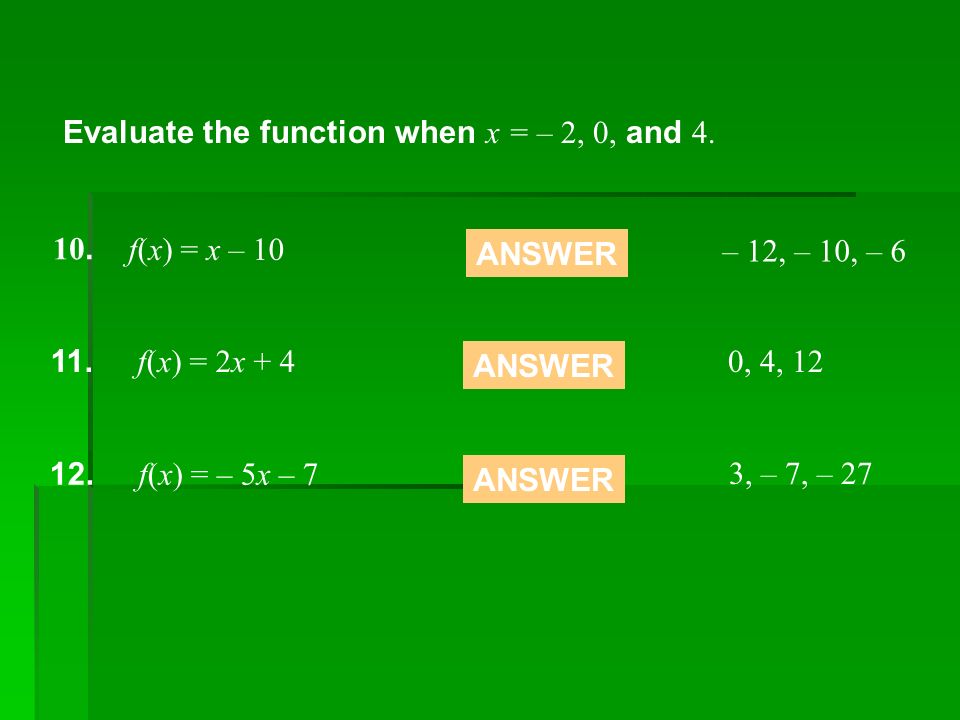 Evaluate the function when x = – 2, 0, and