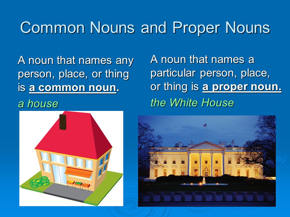 Common Nouns and Proper Nouns A noun that names any person, place, or thing is a common noun.