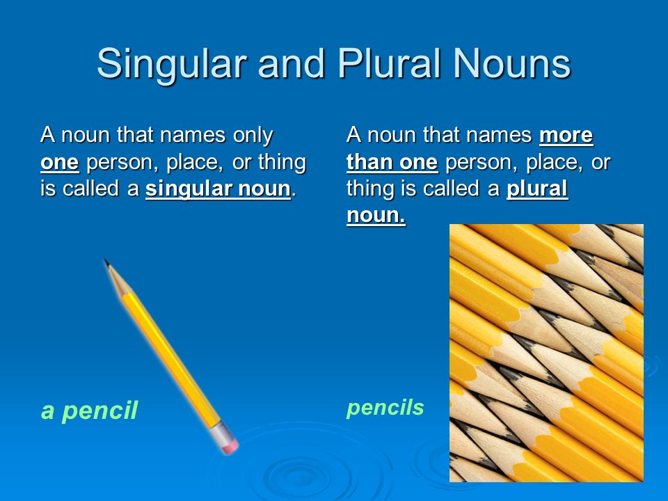 Singular and Plural Nouns A noun that names only one person, place, or thing is called a singular noun.